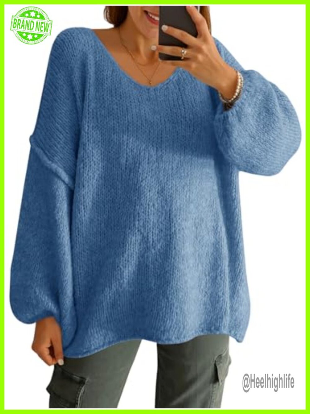 Oversized V Neck Chunky Lantern Sleeve Ribbed Knit Pullover Sweater